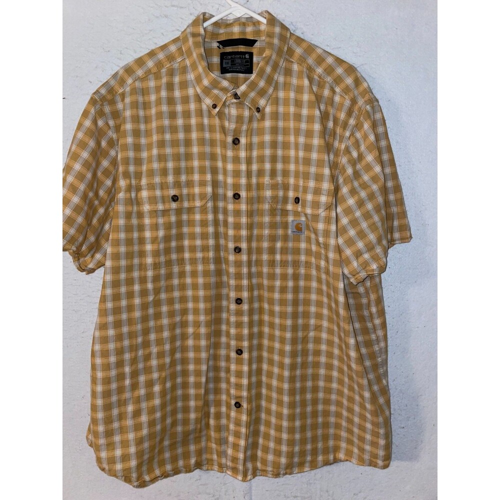 Carhartt Shirt Mens 2XL XXL Yellow Plaid Button Up Outdoor Workwear Pocket
